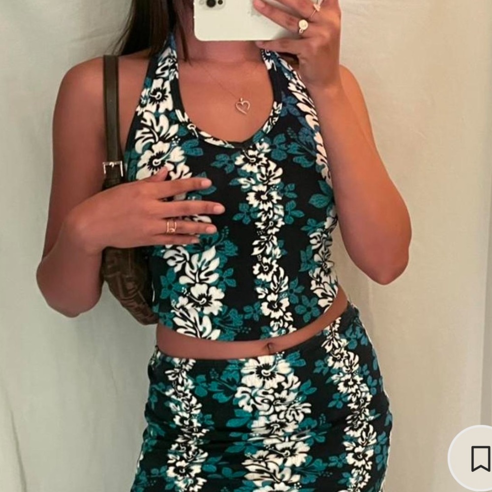 Vintage blue Hawaii flower halter top and midi skirt set